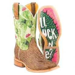 Tin Haul Footwear Ladies Burnished Tan Stitched Cactus Vamp Square Toe Cowgirl Boots