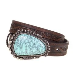 Mf Western Products Girls M&F Turquoise Stone Buckle Tooled Leather Belt