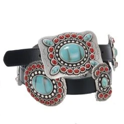 Mf Western Products 3-D Black Belt With Turquoise And Red Conchos