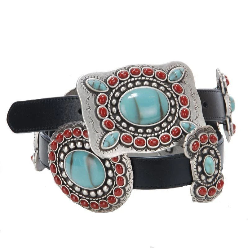 Mf Western Products 3-D Black Belt With Turquoise And Red Conchos 3 Mf Western Products 3-D Black Belt With Turquoise And Red Conchos