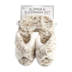 Women's Mud Pie Cream Leopard Slipper And Mask Set