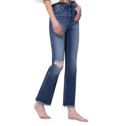 Flying Monkey Women's High Rise Frayed Hem Ankle Straight Jean