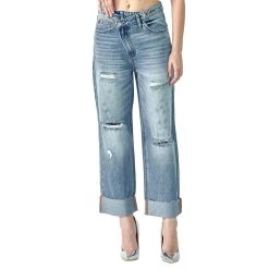 Risen Jeans Women's Cross Over Distressed Straight Leg Jean