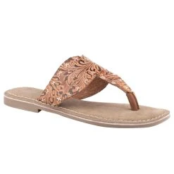 Roper Women's Tan Floral Embossed Leather Sandal