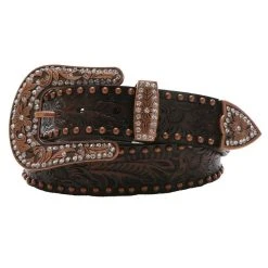 Mf Western Products 3-D Ladies 1 1/2in Brown Floral Belt With Bronze Studs