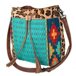 American Darling Turquoise Saddle Blaket Bag With Leopard Print Hair On Hide Trim