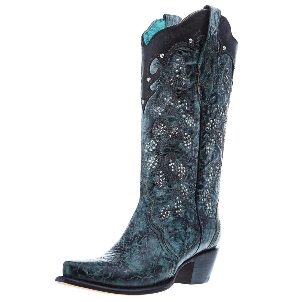 Corral Women's Green-Black Overlay Embroidery 13 In Top Snip Toe Boot 3 Corral Women's Green-Black Overlay Embroidery 13 In Top Snip Toe Boot