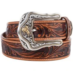 Tony Lama Western Ride Tooled Leather Bronc Buckle Mens Belt 1 1/2in