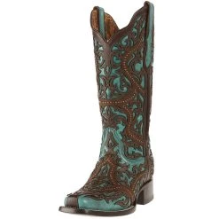 Women's Corral Turquoise Cowgirl Boots With Brown Laser Studs