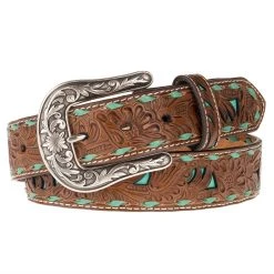 Mf Western Products Ladies 1.5in. Belt With Turquoise Underlay And Buckstitch