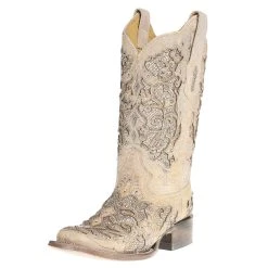 Corral Ladies White Glitter/Crystals Square Toe Cowgirl Boots