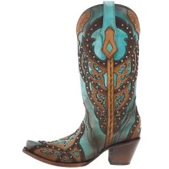 Corral Women's Tan Embroidery-Turquoise Overlay 13 In Top Snip Toe Boot -Ariat shop C3943 03