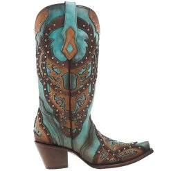 Corral Women's Tan Embroidery-Turquoise Overlay 13 In Top Snip Toe Boot -Ariat shop C3943 05